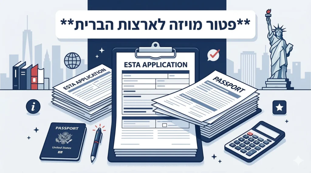 אינפוגרפיקה המציגה שולחן עבודה מאורגן עם טפסים עבור פטור מויזה לארצות הברית, הכוללת שאלון ESTA, דרכון, מחשבון ופסל החירות ברקע בצבעי כחול ולבן.