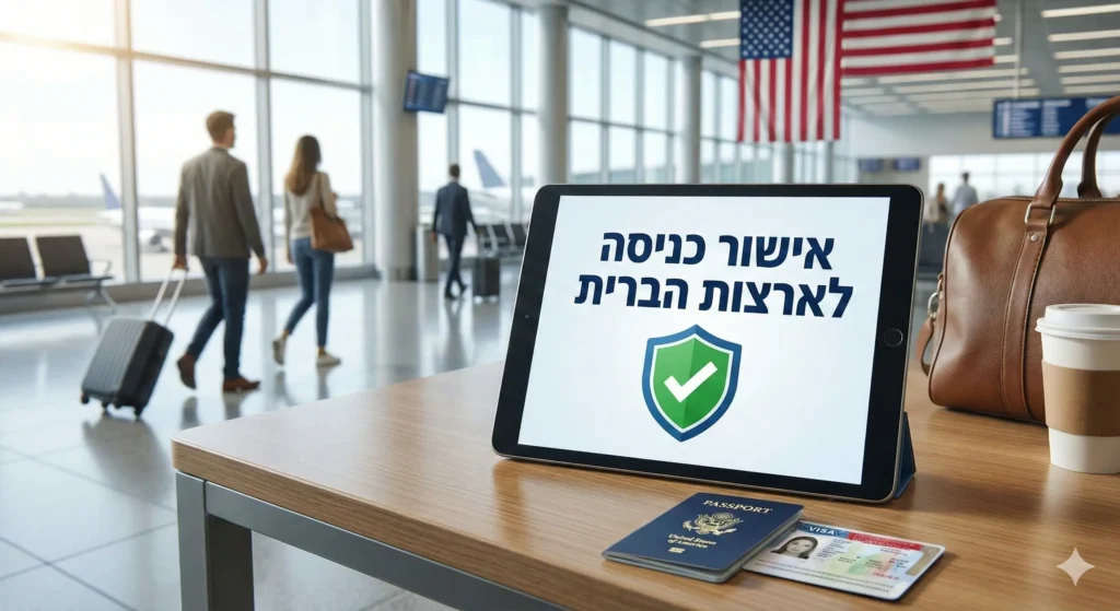 צילום מסך של טאבלט המציג אישור כניסה לארצות הברית (ESTA) מאושר, לצד דרכון אמריקאי