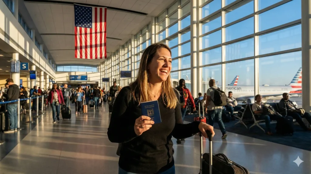 נוסעת ישראלית מחייכת מחזיקה דרכון ביומטרי ומזוודה בטרמינל נמל תעופה מודרני בארצות הברית, תחת דגל אמריקאי גדול. תמונה הממחישה כניסה חלקה לארה"ב במסגרת תוכנית הפטור מויזה (VWP).