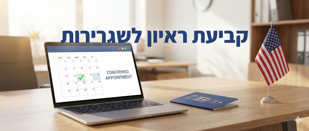 קביעת ראיון לשגרירות ארה"ב - מחשב נייד עם יומן פגישות ודרכון ישראלי