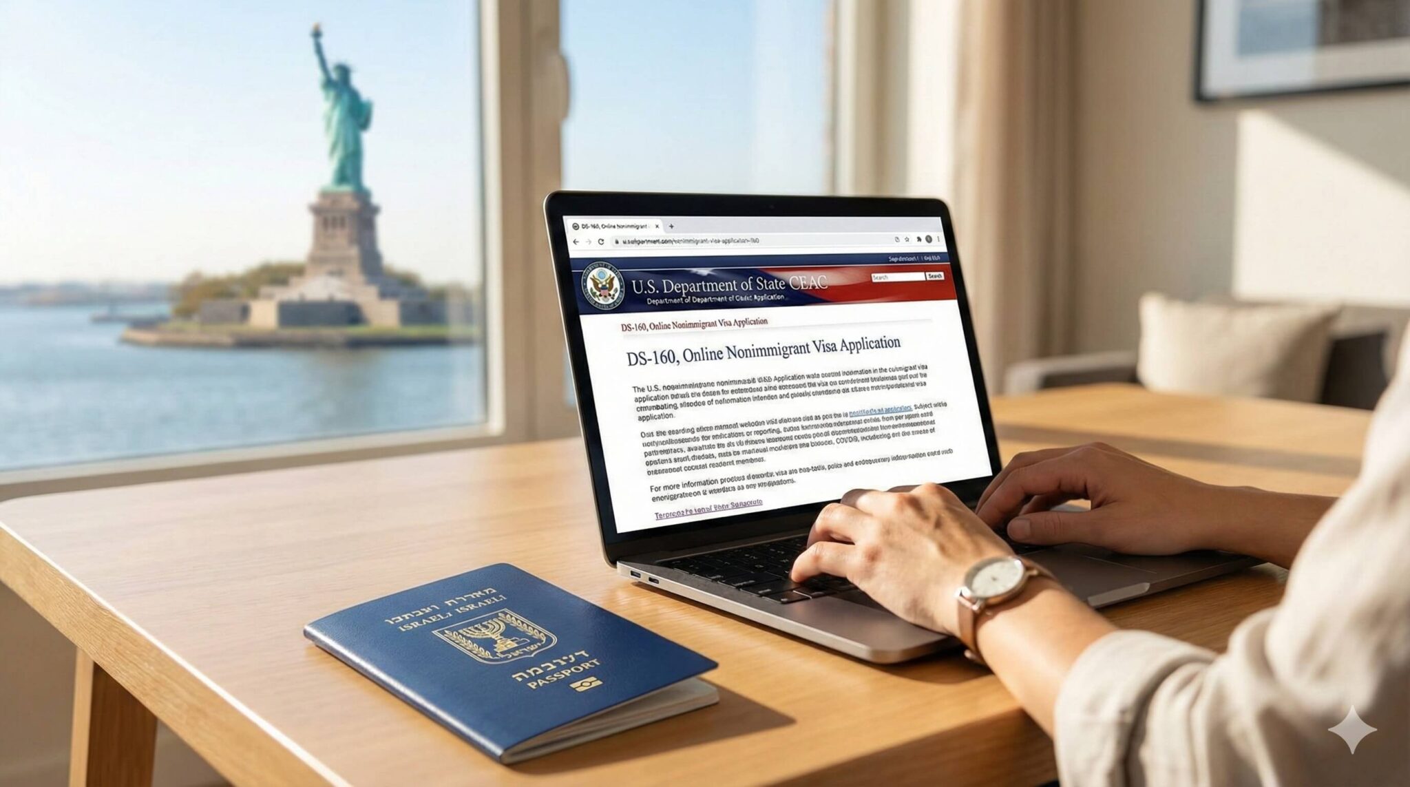 אדם ממלא במחשב את טופס DS-160 המקוון לבקשת ויזה לארה"ב, כשלצדו דרכון ישראלי.