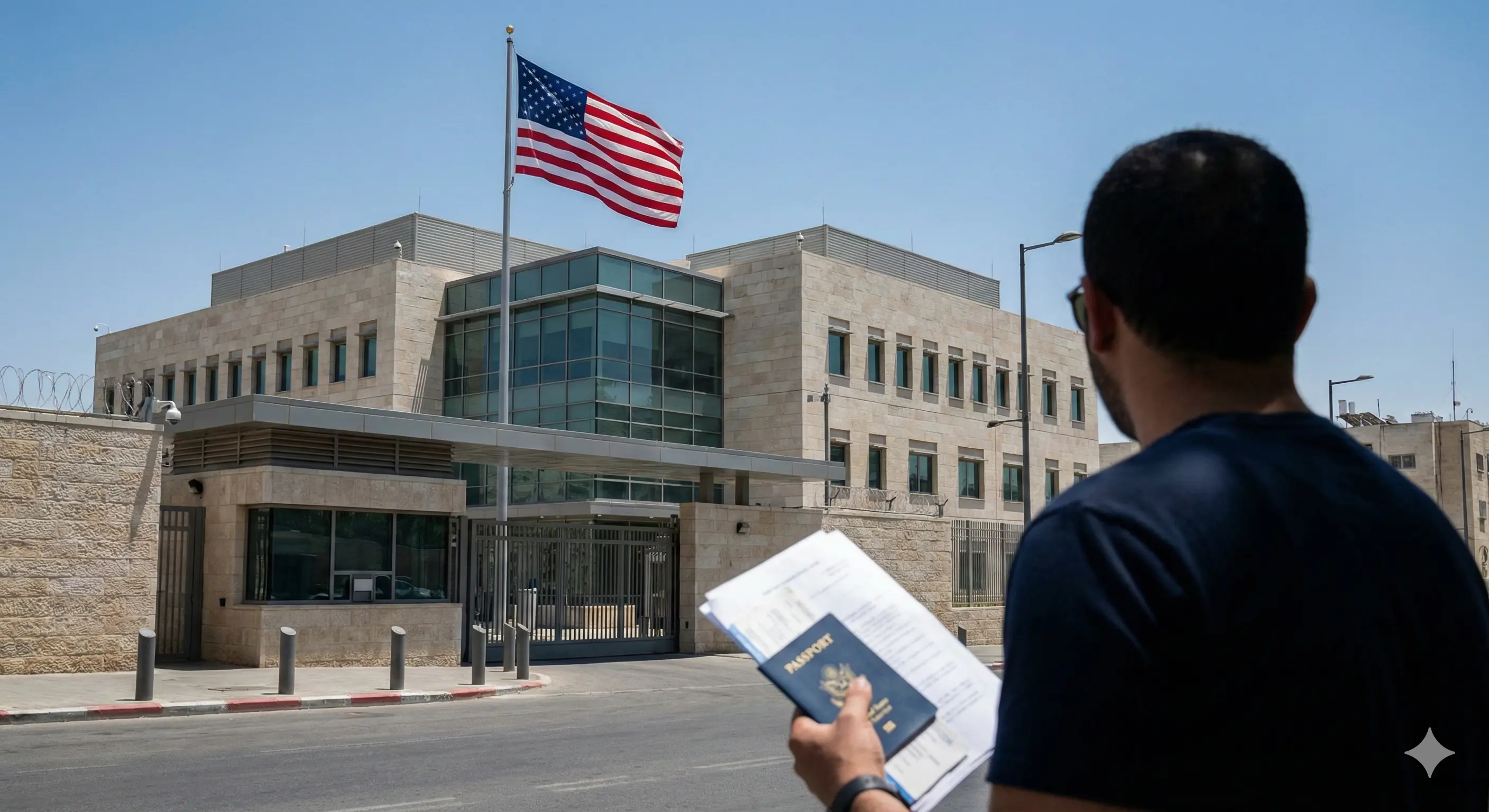 מבנה שגרירות ארצות הברית בירושלים עם דגל ארה"ב, אדם מחזיק דרכון ומסמכים לצורך הגשת ויזה לאחר סירוב ESTA.
