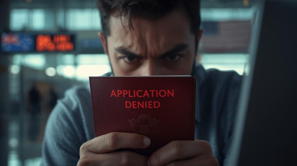 הודעת סירוב לבקשת ESTA לארצות הברית על מסך מחשב לצד דרכון ישראלי בגלל טעות בטופס