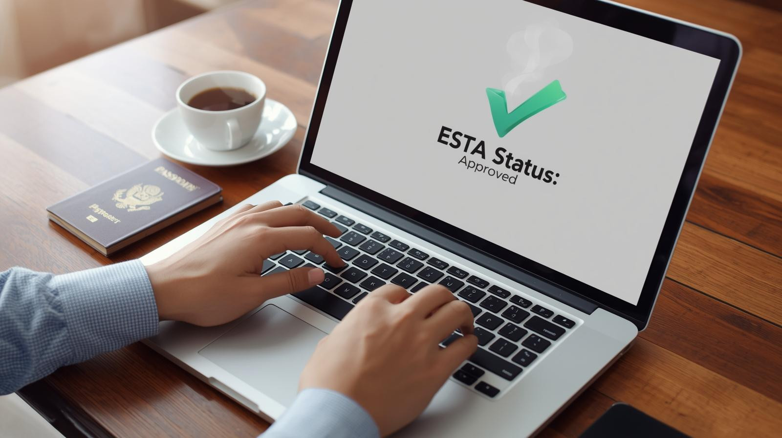 אדם בודק סטטוס ESTA במחשב נייד עם דרכון וכוס קפה - אילוסטרציה לשחזור אישור נסיעה