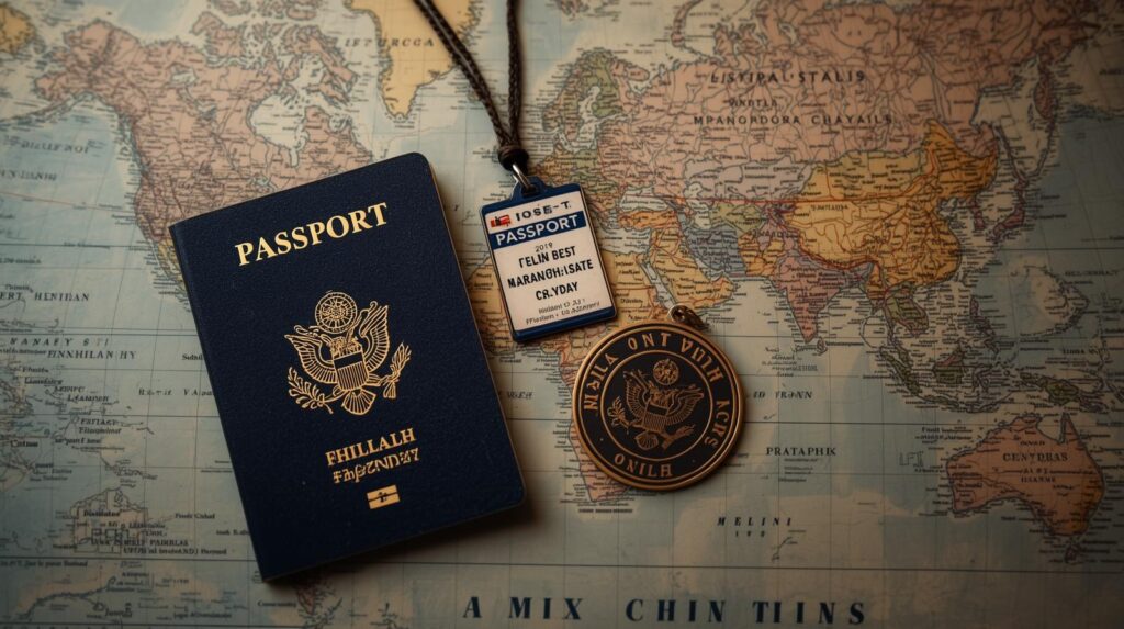 דרכון ישראלי ודיסקית צבאית על רקע מפת העולם - המחשה לדילמת ESTA ושירות צבאי