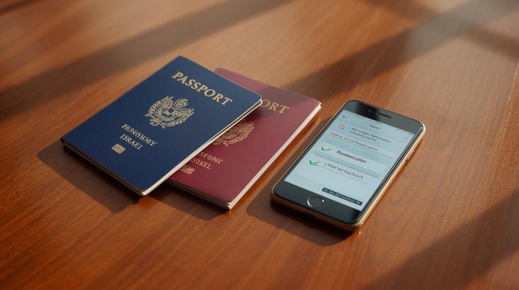דרכון ישראלי ודרכון אירופאי מונחים על שולחן לצורך הגשת בקשת ESTA עם אזרחות כפולה