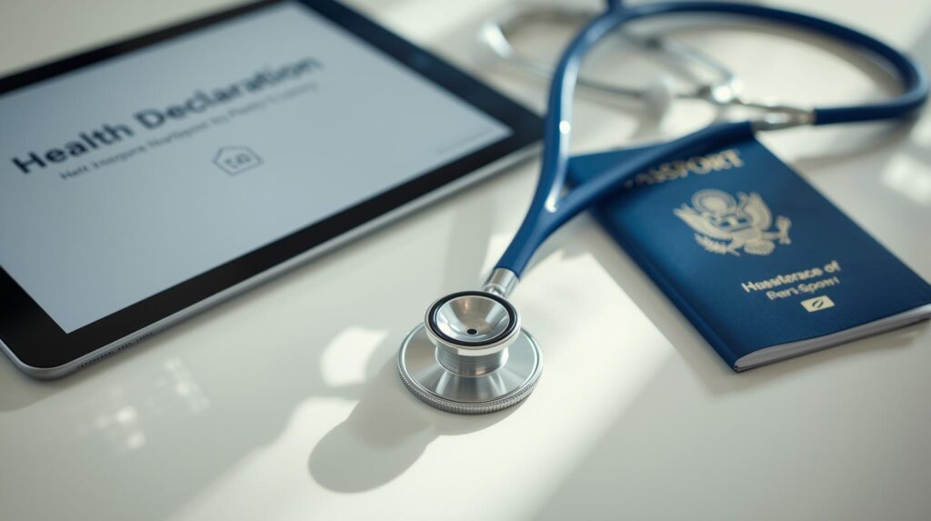 סטטוסקופ מונח לצד דרכון וטופס הצהרת בריאות דיגיטלי - המחשה לבדיקת רקע רפואי ב-ESTA