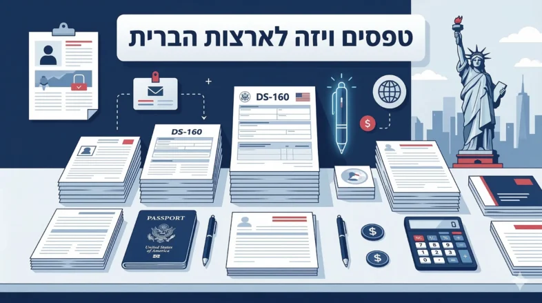 אינפוגרפיקה המציגה שולחן עבודה מאורגן עם טופס חידוש ויזה לארצות הברית ודרכונים
