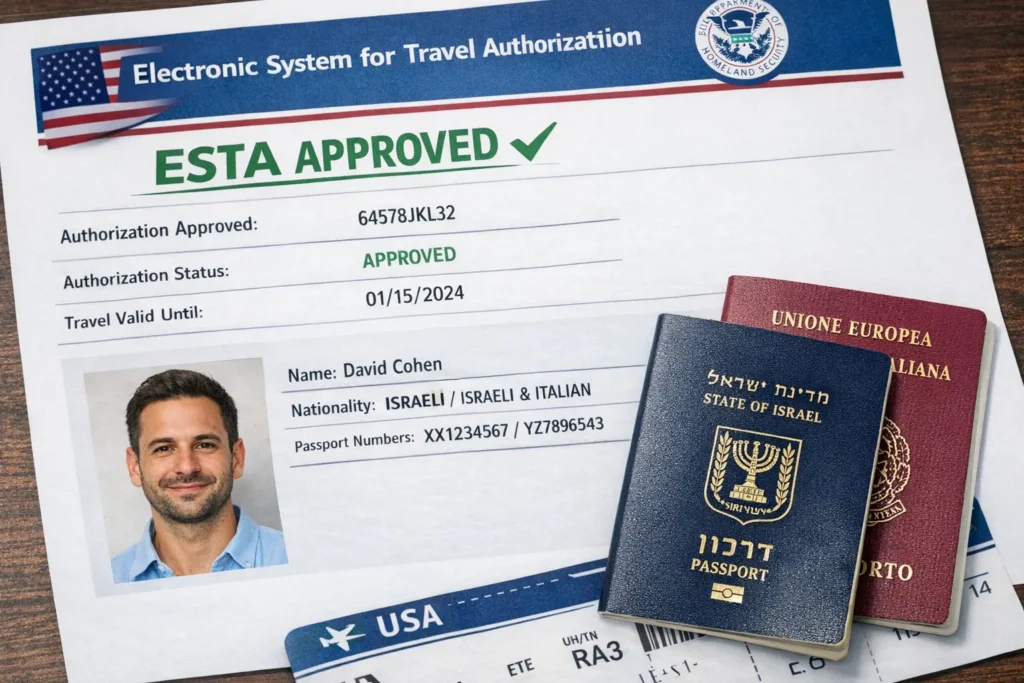 ESTA approval for Israeli dual citizenship traveler with Israeli and European passports for USA entry