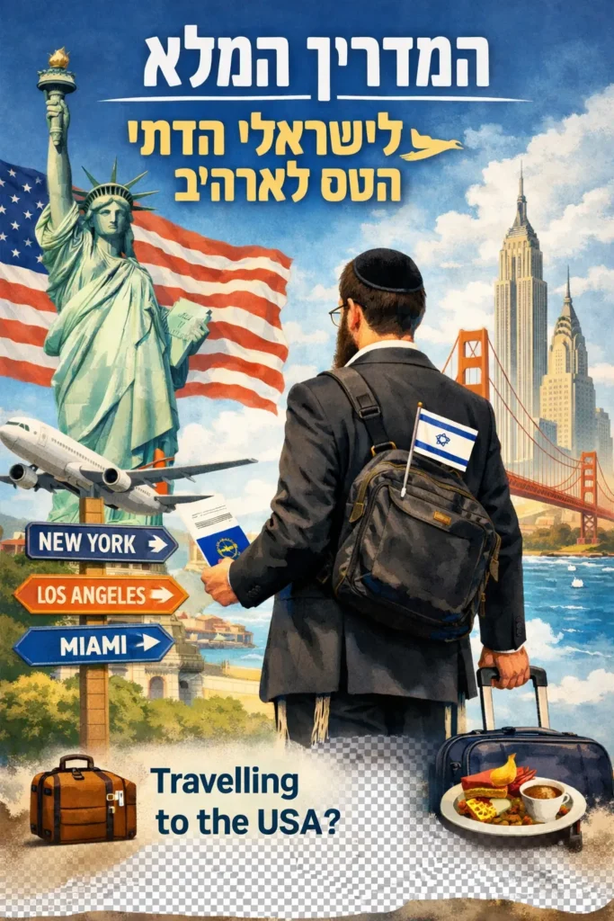 Religious Israeli man traveling to the USA with suitcase, American landmarks and travel guide concept